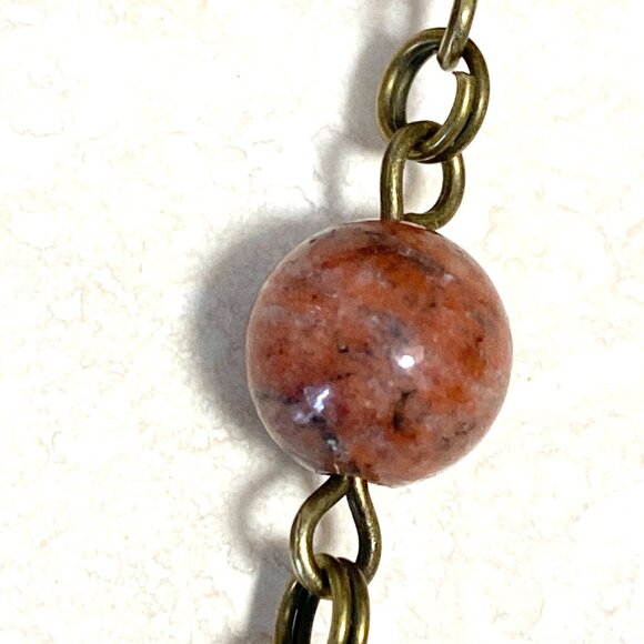 Genuine Red Jasper Short Necklace, Cute Bronze Round Mushroom + Natural Gemstone - Picture 10 of 14